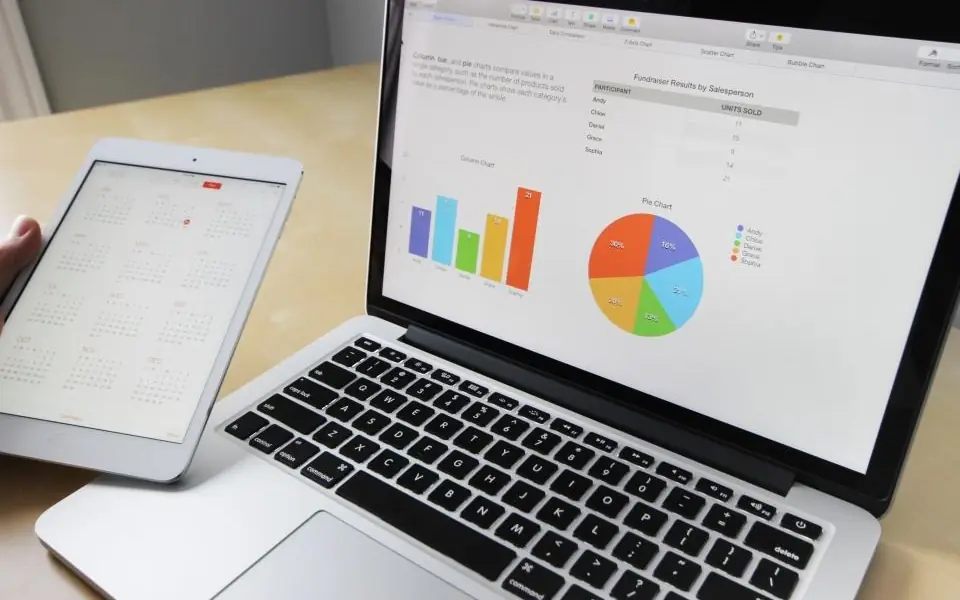 Computadora portátil con gráficas de un reporte de gestión